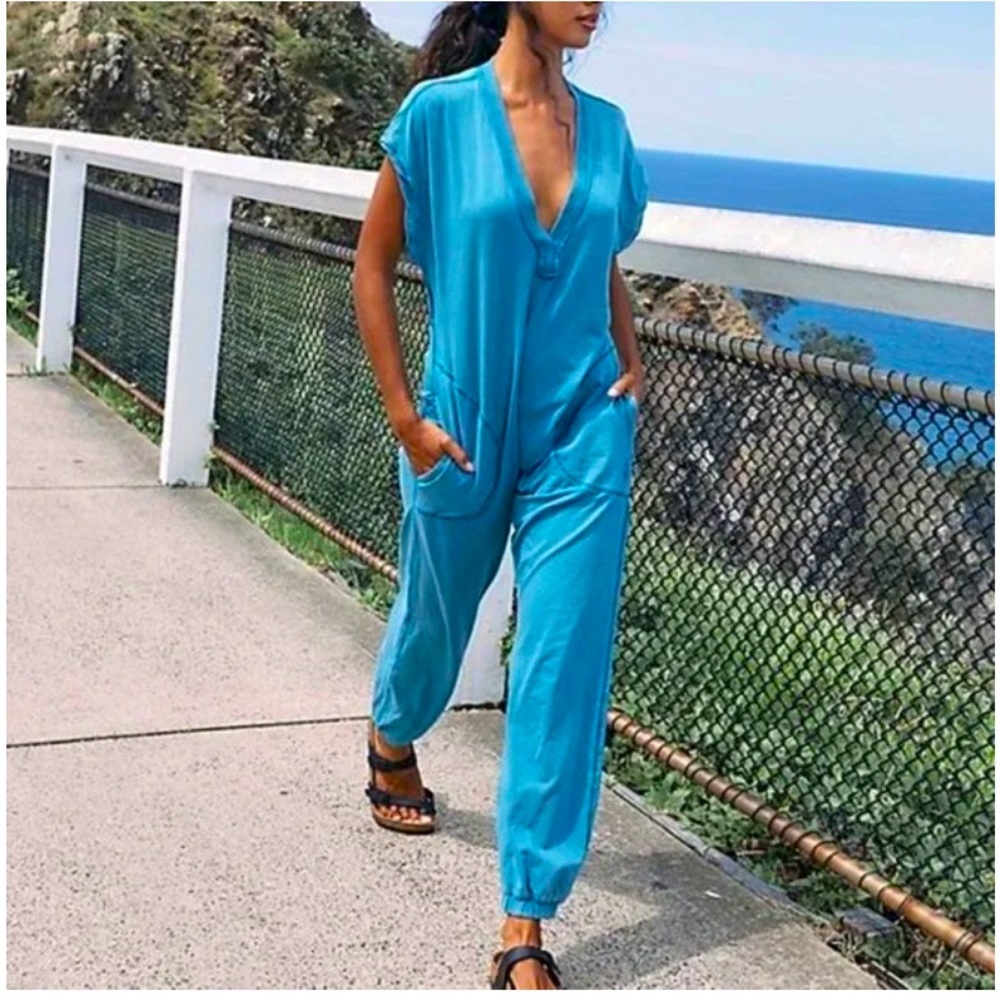 Free People Hot Shot V-Neck Onesie in Blue Size Small